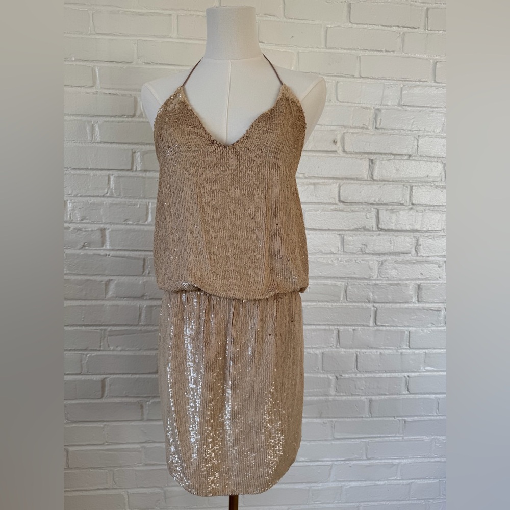Haute Hippie Matte Gold Sequin Halter Dress Size S NWT  Cocktail Party Mini.